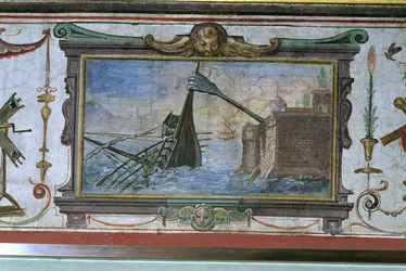 Un dispositif qui a permis à Archimède (c.287-12 av. J.-C.) de tirer un navire à terre, Stanza della Mattematica, 1587-1609